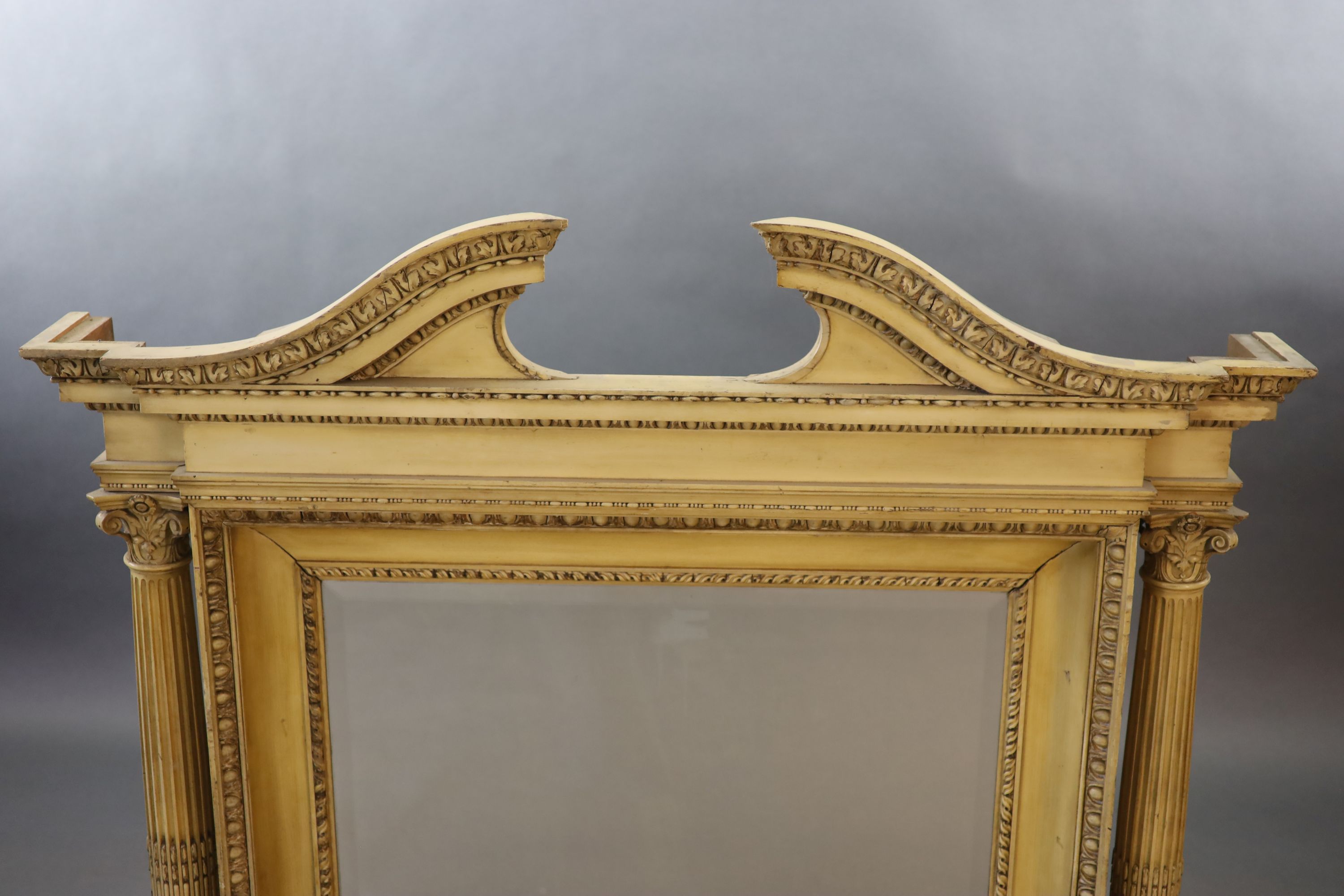 A Victorian Adam style cream painted beech overmantel, W.154cm D.20cm H.124cm